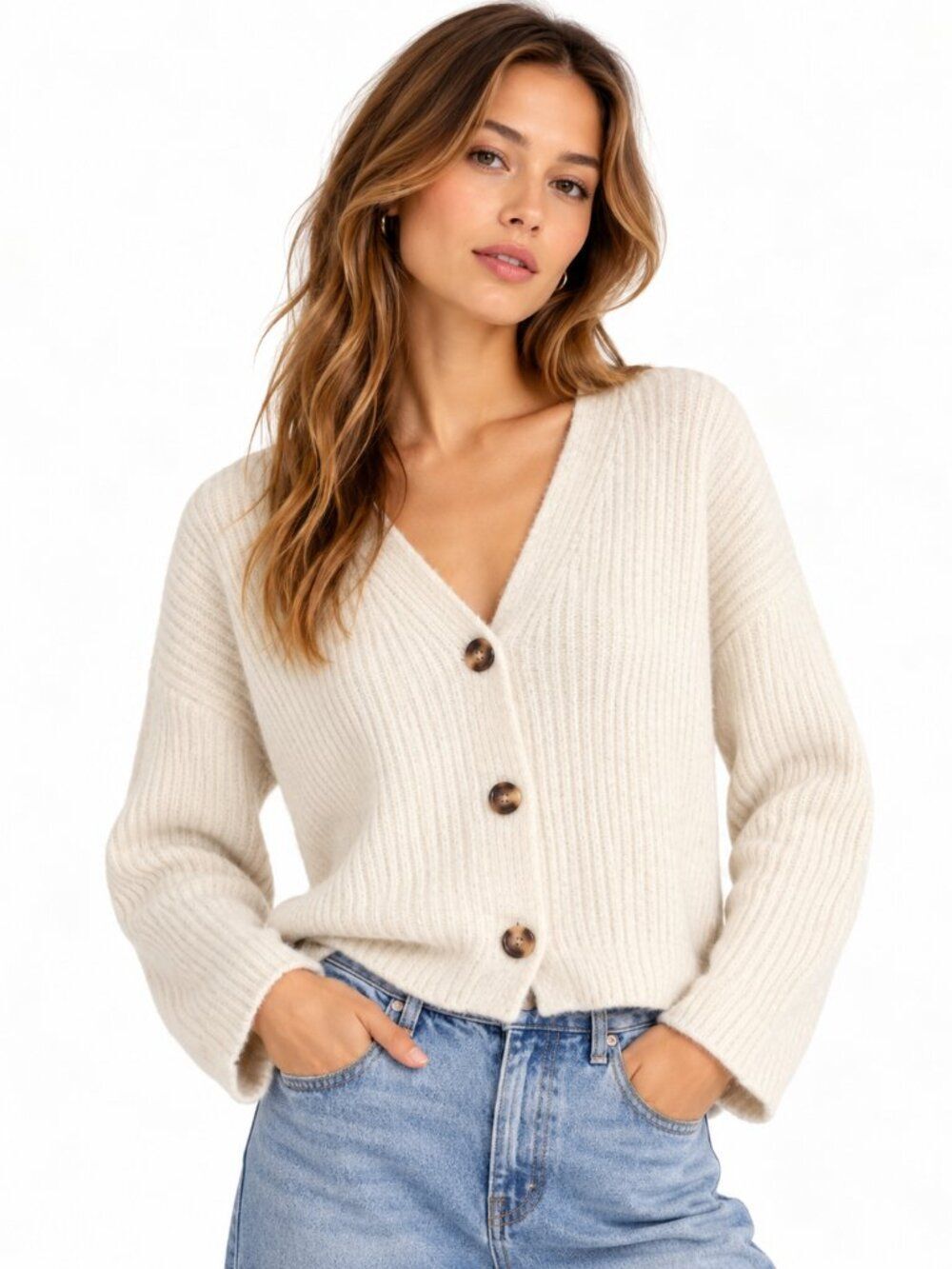 Madewell Womens Cameron Ribbed Cardigan Medium Ivory V Neck Front Cozy Lux